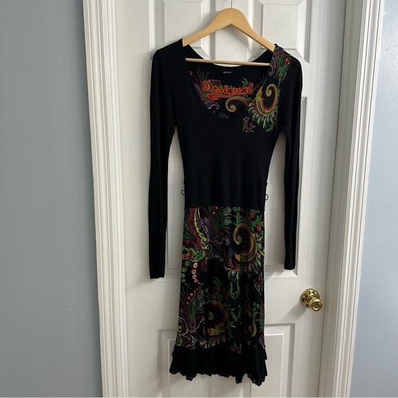 Desigual Dress Long Sleeve Sweater Black Knit Knee Length Size Extra Small - Picture 4 of 6